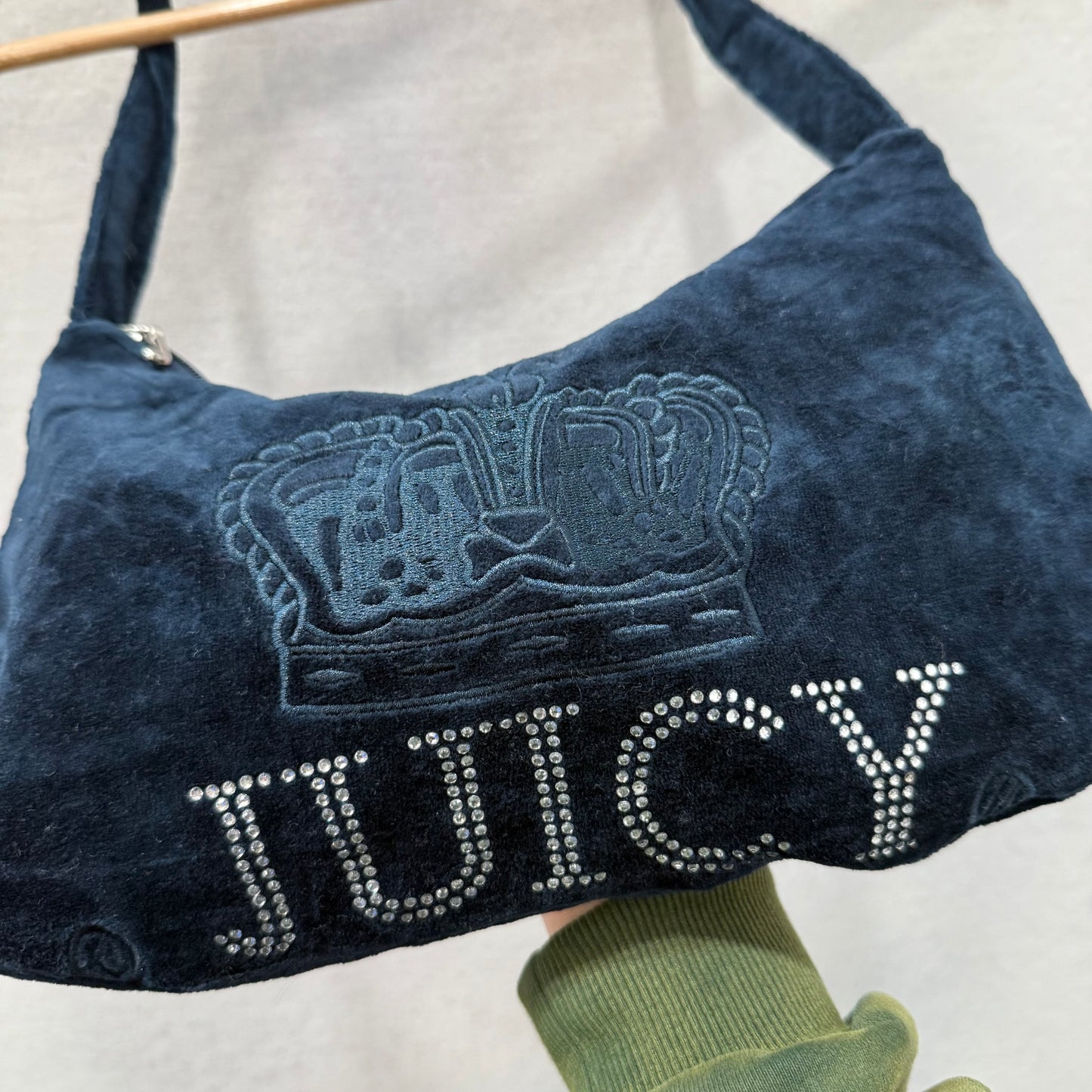Juicy Couture Women's Navy Blue Velour Debossed Crown Shoulder Strap Hobo Bag