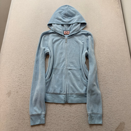 Vintage Juicy Couture Womens Pastel Blue Terry Cloth Zip-Up Hoodie Pocket Size L