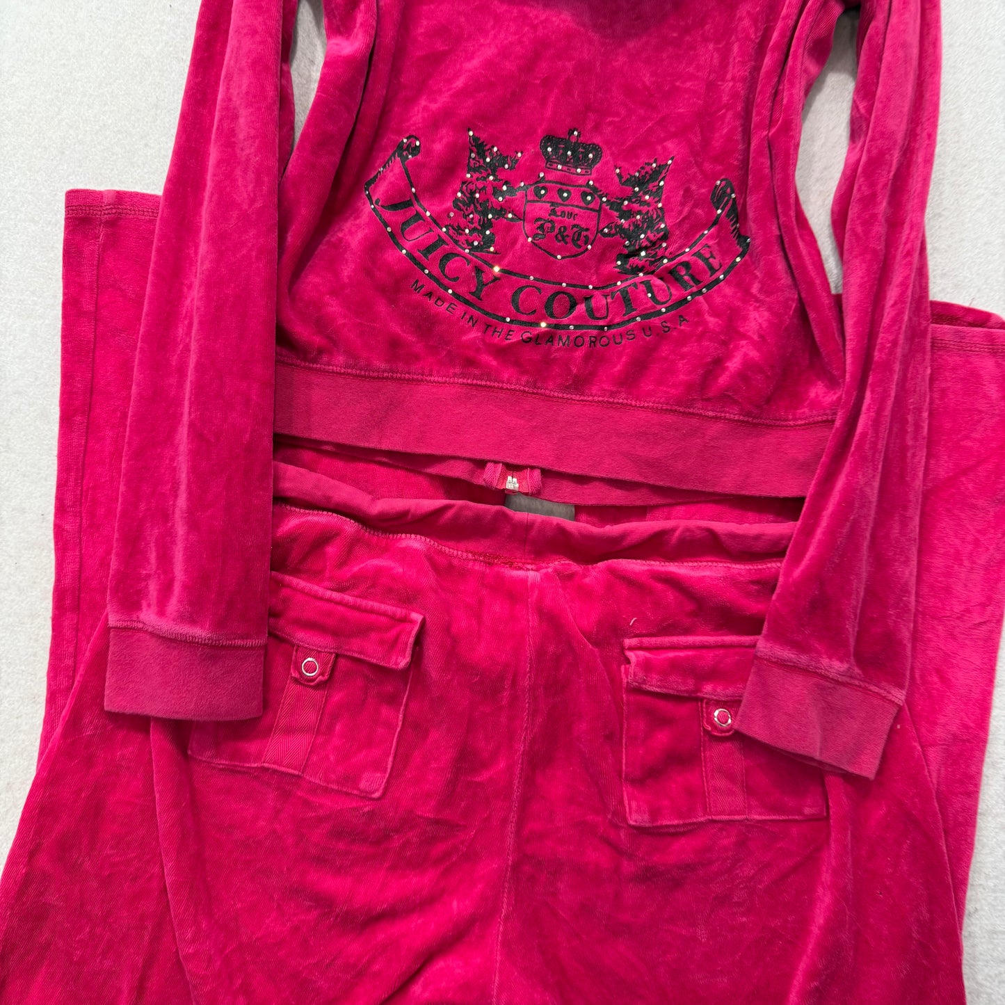Vtg Juicy Couture Scottie Dogs Hot Pink Velour Tracksuit Set Snap Pockets Size L