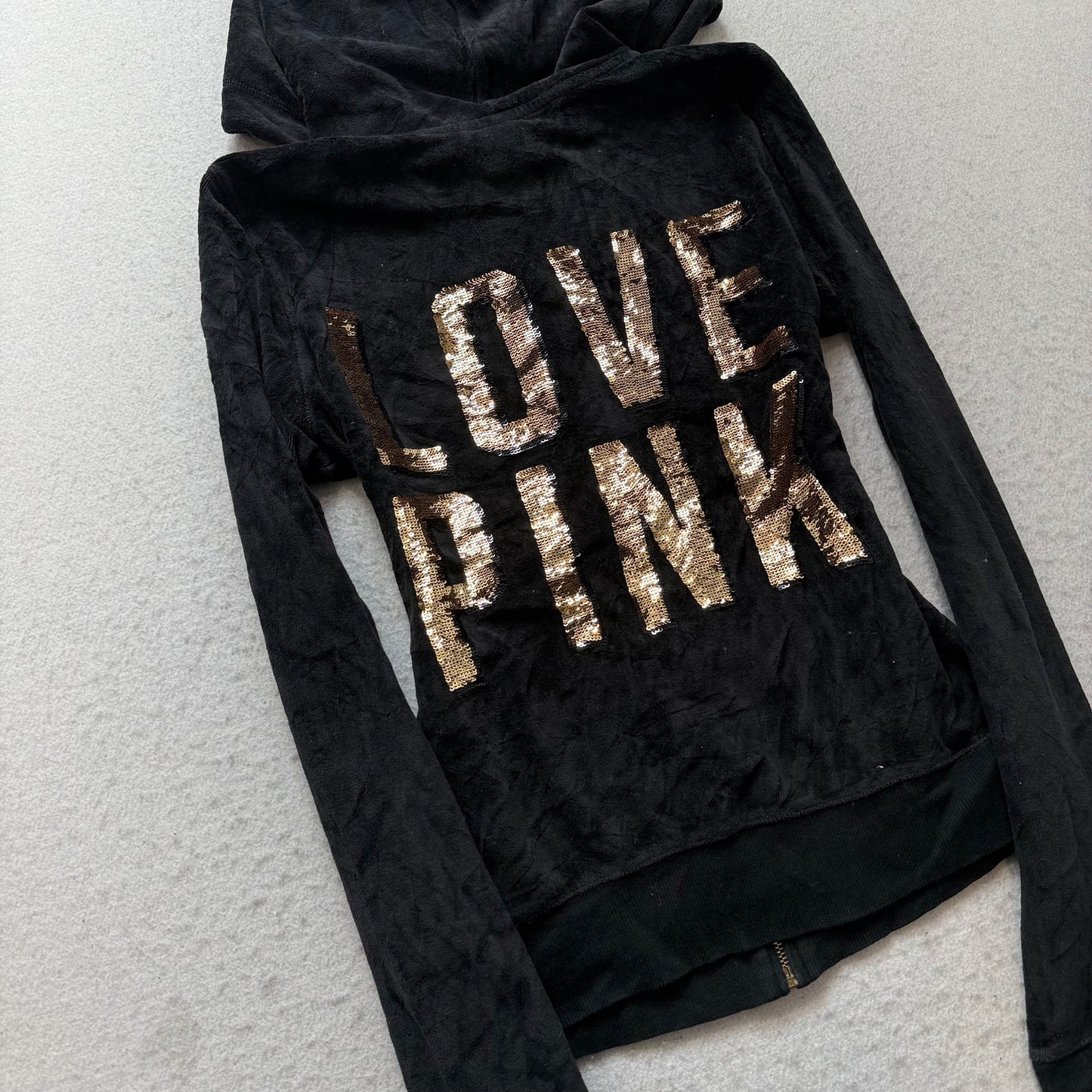 Victoria's Secret PINK Women's Black Velour Zip-Up Hoodie Sequin Logo Y2k Size S