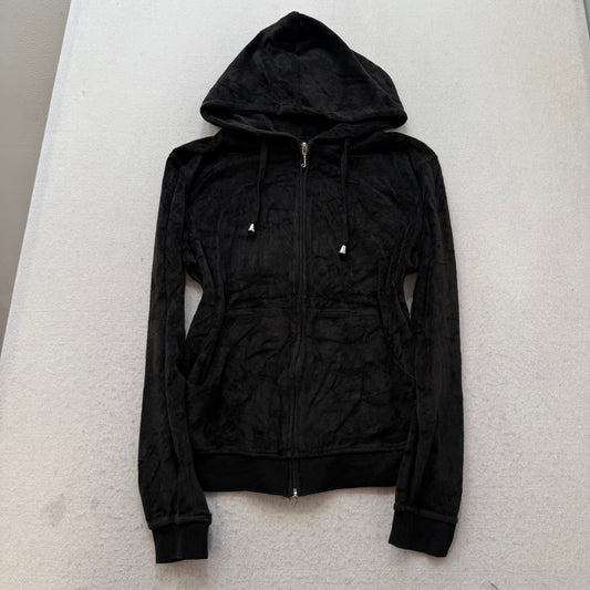 Juicy Couture Womens Charcoal Grey Velour Zip-Up Hoodie Graphic Logo Y2K Size XL