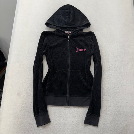 Juicy Couture Black Velour Tracksuit Set Zip Up Hoodie & Flare Pant Logo Size M