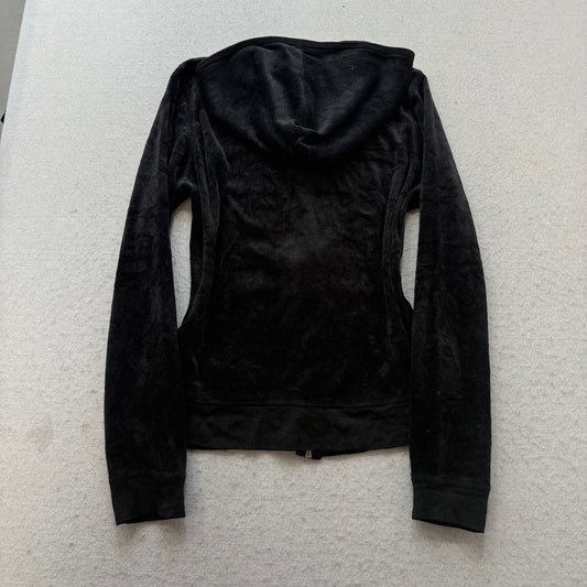 Vintage Juicy Couture Women's Black Velour Zip-Up Hoodie Loungewear Pockets Size S