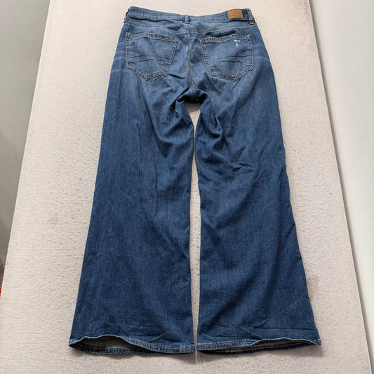 American Eagle Women's Blue Flared Denim Jeans Ripped Knees Stretch Size W34
