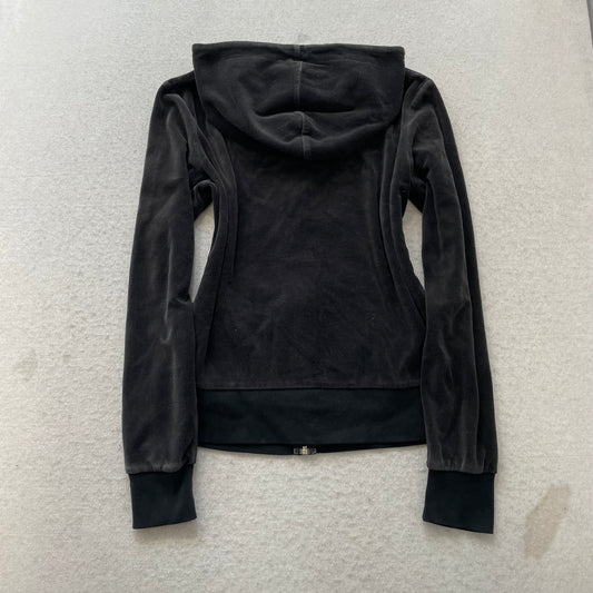 Juicy Couture Women's Black Velour Zip-Up Hoodie Pockets Drawstring Y2K Size M