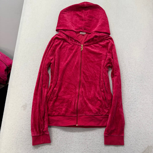 Juicy Couture Women's Dark Hot Pink Velour Hoodie Rhinestone Crown Logo Size XL
