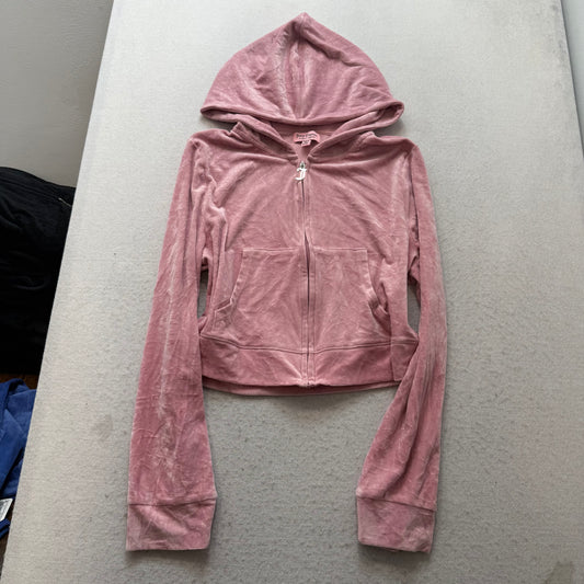 Juicy Couture Women's Pink Velour Zip-Up Cropped Hoodie Rhinestone Logo Size 2XL