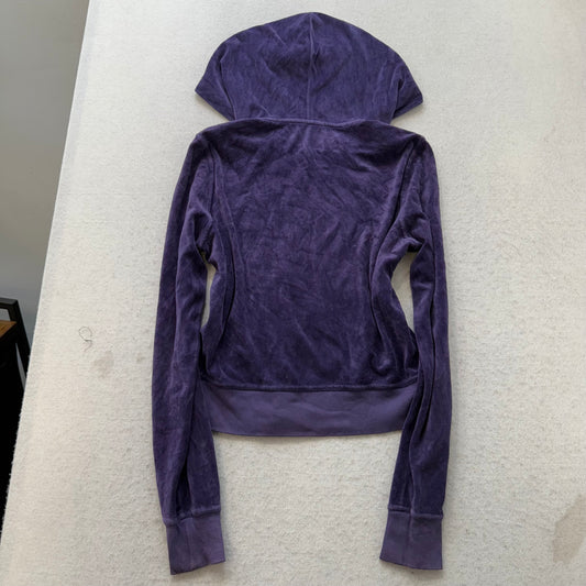 Bebe Women's Deep Purple Velour Zip-Up Hoodie Rhinestone Logo Made in USA Size L