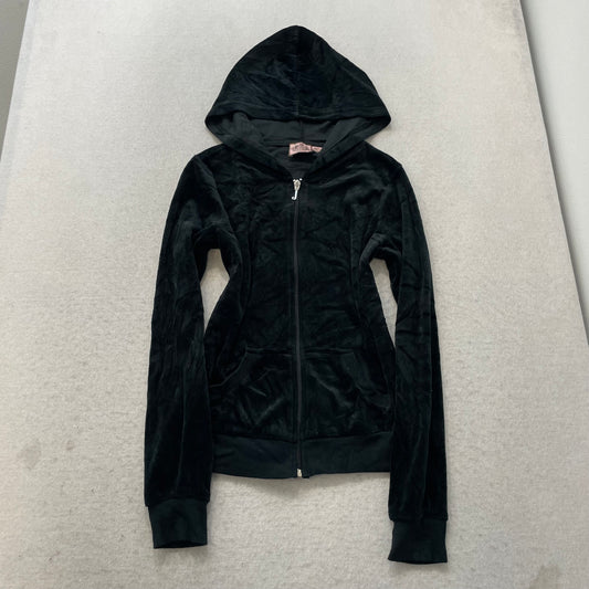 Juicy Couture Women's Black Velour Tracksuit Set Hoodie & Flared Pant Y2k Size M