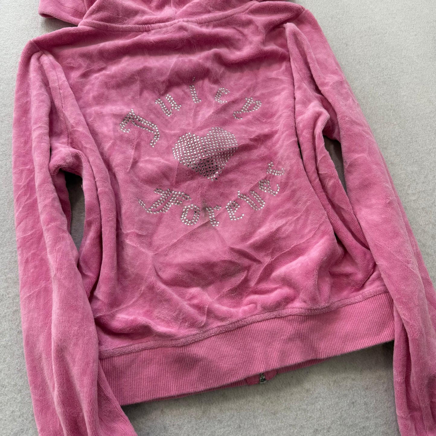 Juicy Couture Women's Pink Velour Zip Up Cropped Hoodie Rhinestones Logo Size S