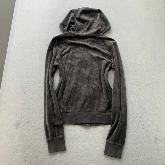 Juicy Couture Women's Charcoal Grey Velour Zip-Up Hoodie Drawstring Y2K Size XS
