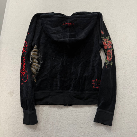 Ed Hardy Roses Gypsy Women's Black Velour Zip-Up Hoodie Tattoo Print Logo Size L