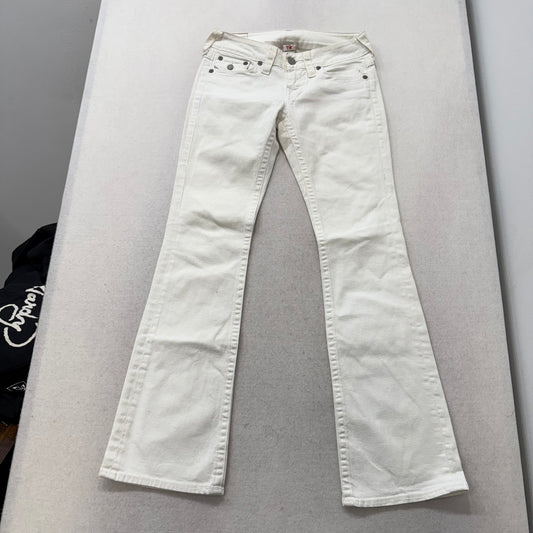 True Religion White Denim Flared Jeans Back Snap Pockets Mid Rise Size 28