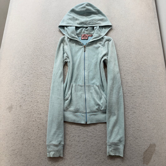 Juicy Couture Women Light Blue Velour Zip-Up Hoodie Crest Logo Loungewear Size P