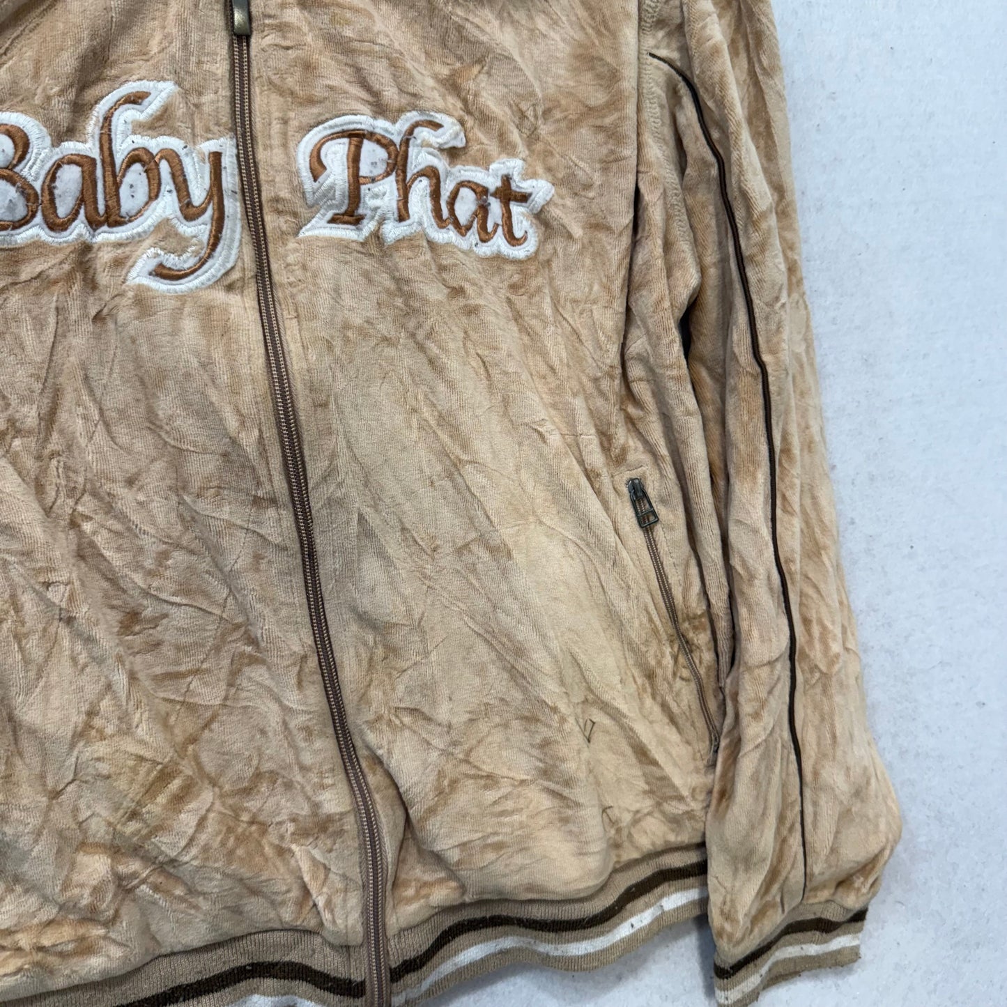 Baby Phat Women's Beige Velour Zip Up Hoodie Zip Front Pockets Logo Y2K Size XL