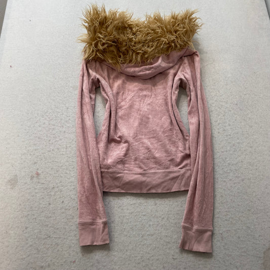Juicy Couture Women's Pink Velour Zip-Up Hoodie Faux Fur-Trimmed Hood Size M