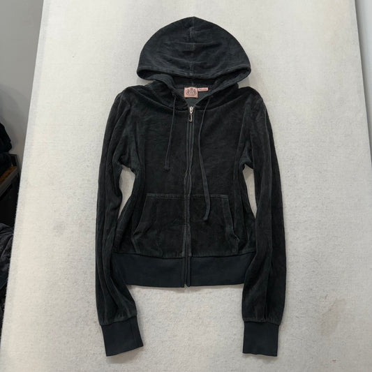 Juicy Couture Black Velour Tracksuit Set Zip Up Hoodie & Flared Pants Y2K Size L