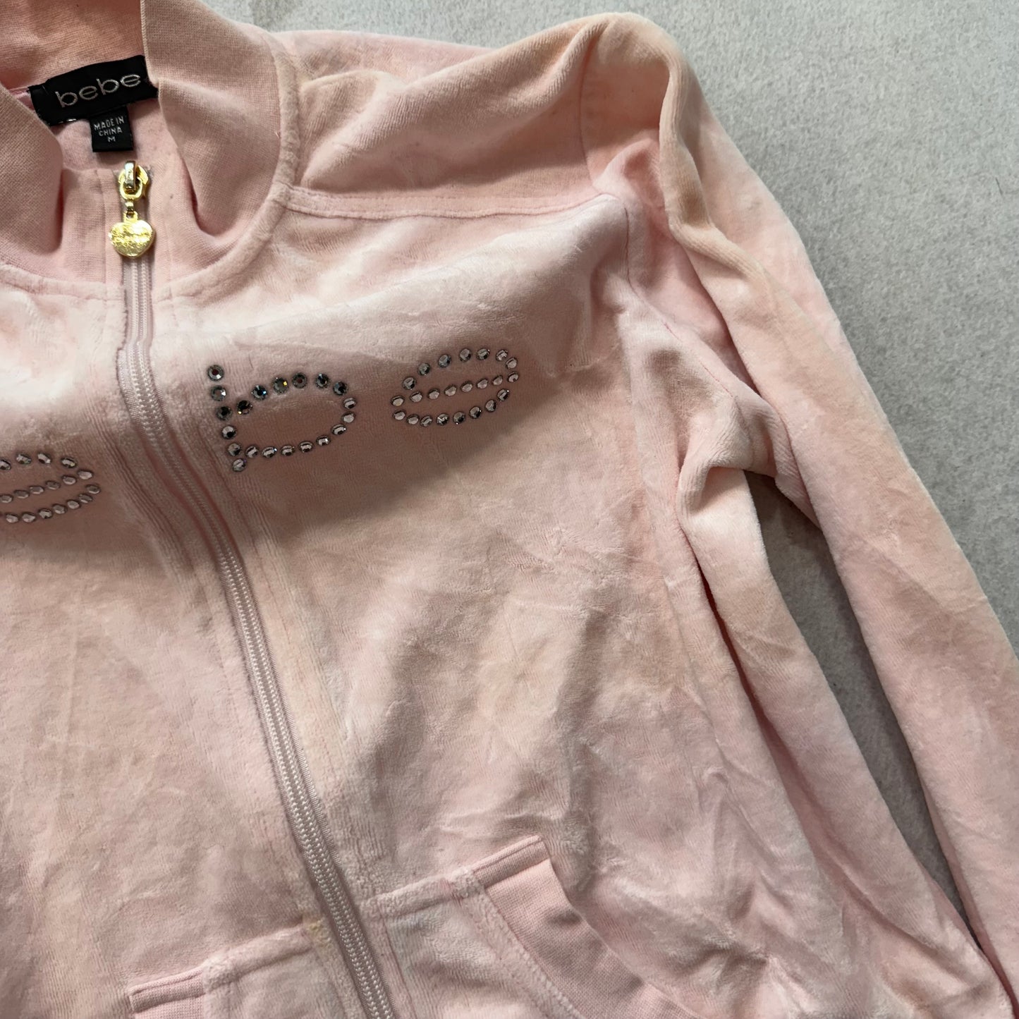Bebe Women's Pastel Pink Velour Full Zip Track Jacket Rhinestones Logo Size M