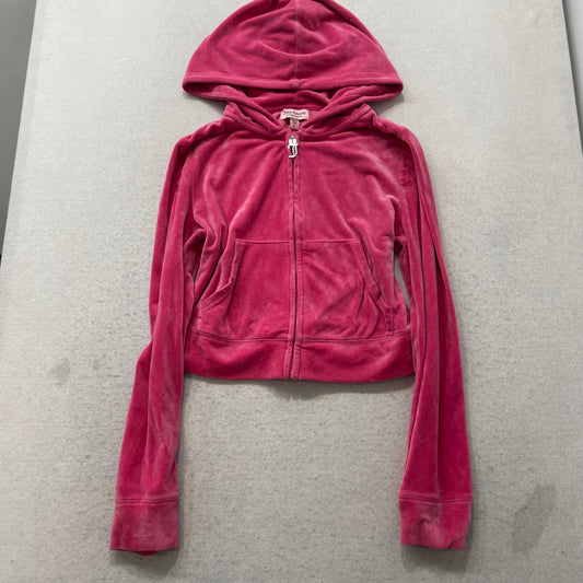 Juicy Couture Women's Pink Velour Full Zip Cropped Hoodie Rhinestone Logo Size L