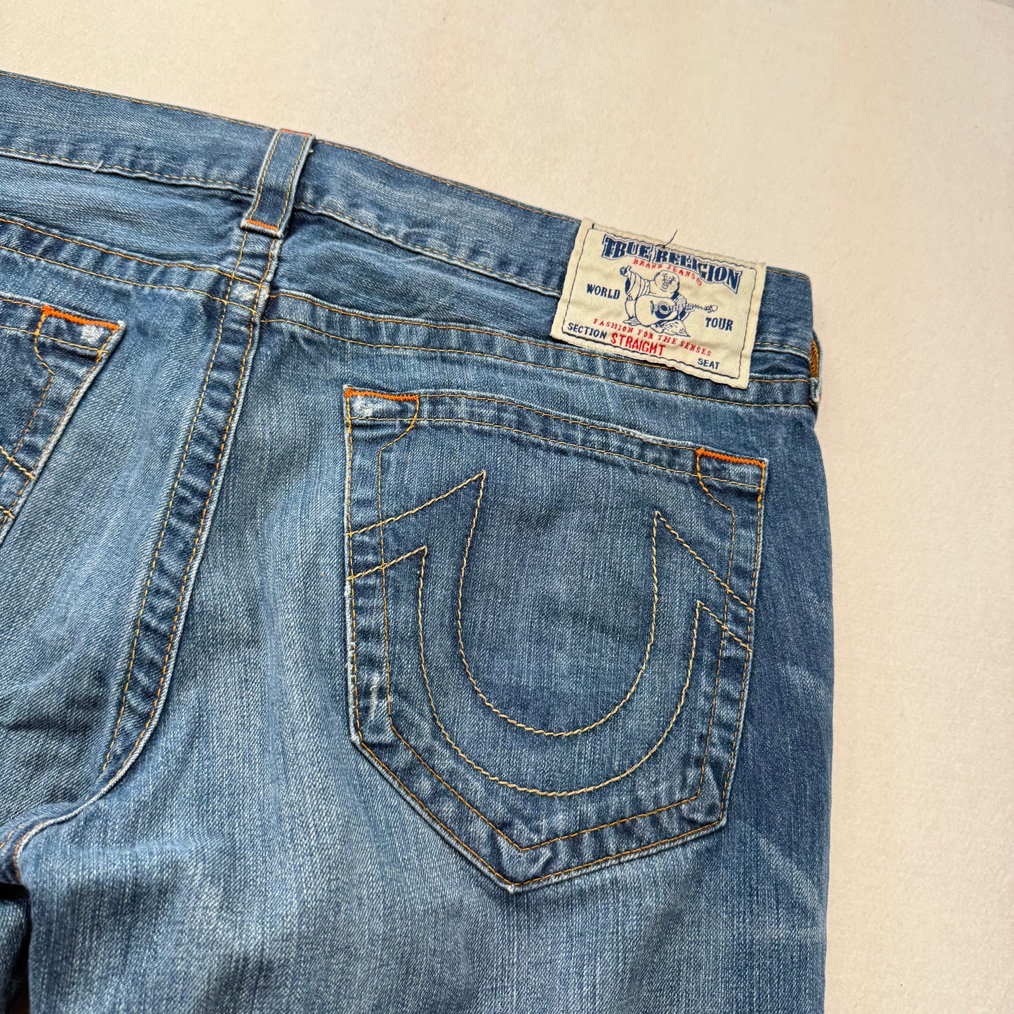 True Religion Men Blue Denim Straight Jeans Signature Horseshoe Pockets Waist 38