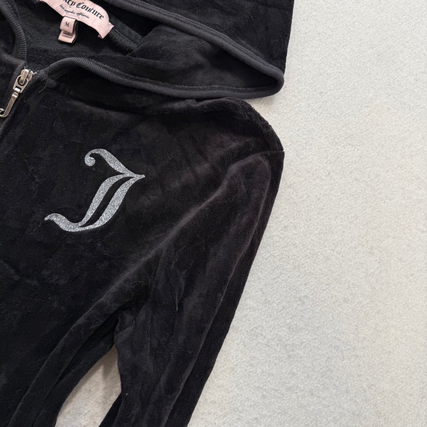 Juicy Couture Women's Black Velour Zip-Up Hoodie Glitter Juicy Logo Y2k Size M