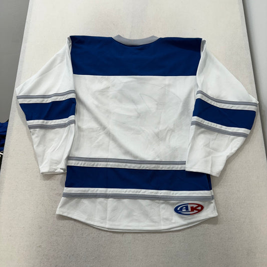 Athletic Knit White & Blue Lightning Bolt Graphic Hockey Jersey V-Neck Size S