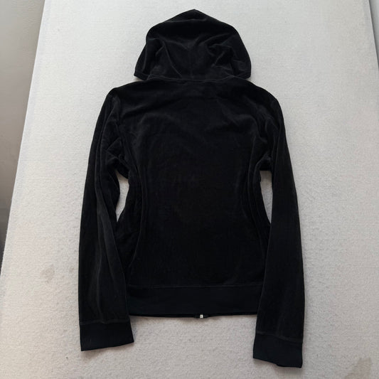 Juicy Couture Women's Jet Black Velour Full Zip Hoodie Kangaroo Pockets Size XL
