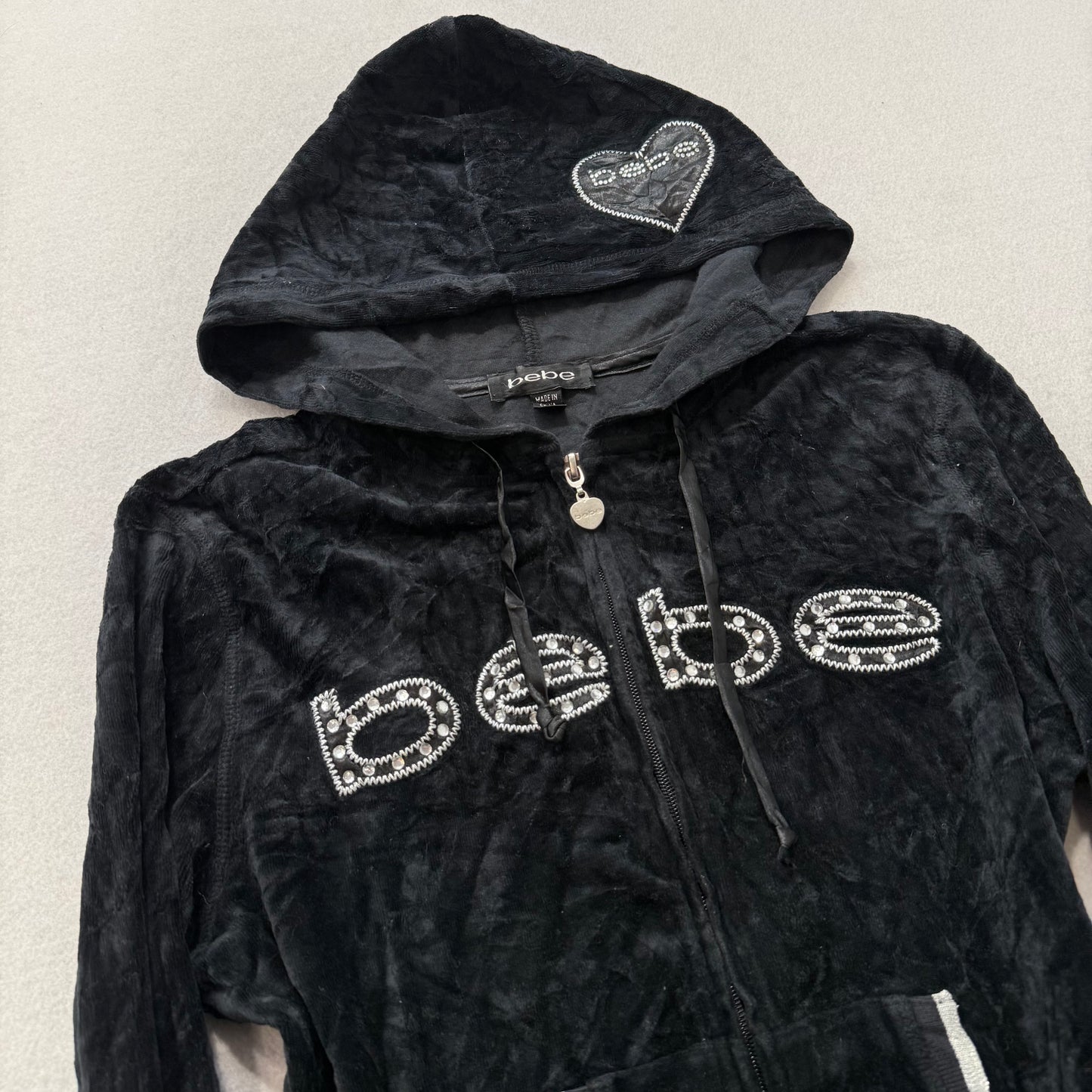 Bebe Women's Black Velour Full Zip Hoodie Rhinestones Logo Loungewear Y2K Size M
