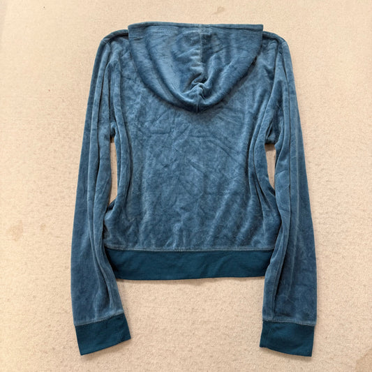 Vintage Juicy Couture Women's Steel Blue Velour Zip-Up Hoodie Pockets Y2k Size S