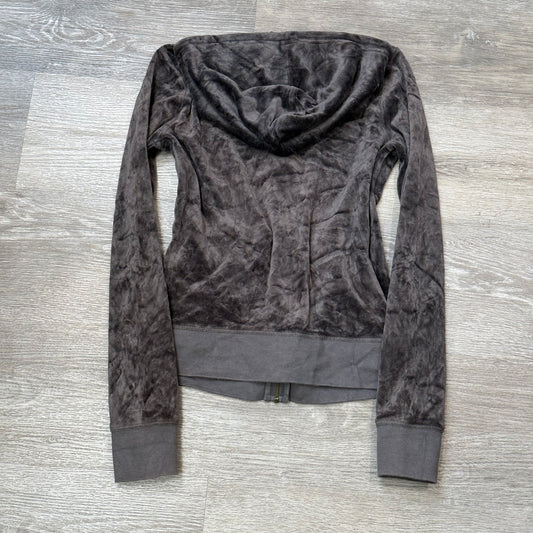 Juicy Couture Womens Charcoal Gray Velour Zip-Up Hoodie Drawstring Pocket Size S