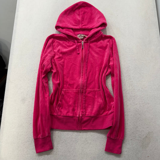Vintage Juicy Couture Women's Hot Pink Velour Zip Up Hoodie Graphic Logo Size L