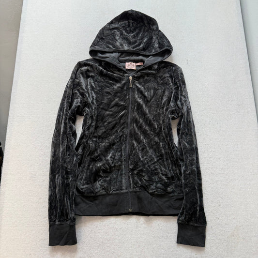 Juicy Couture True Black Velour Tracksuit Set Zip Up Hoodie & Wide Pants Size L