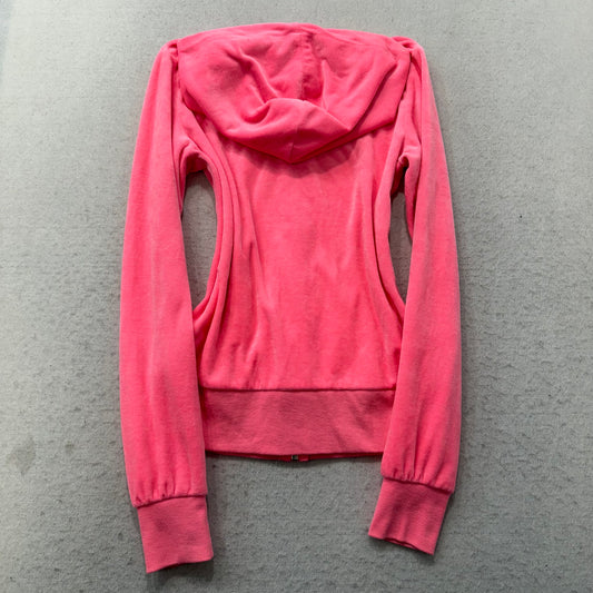 Vintage Juicy Couture Womens Vibrant Pink Velour Zip-Up Hoodie Drawstring Size S