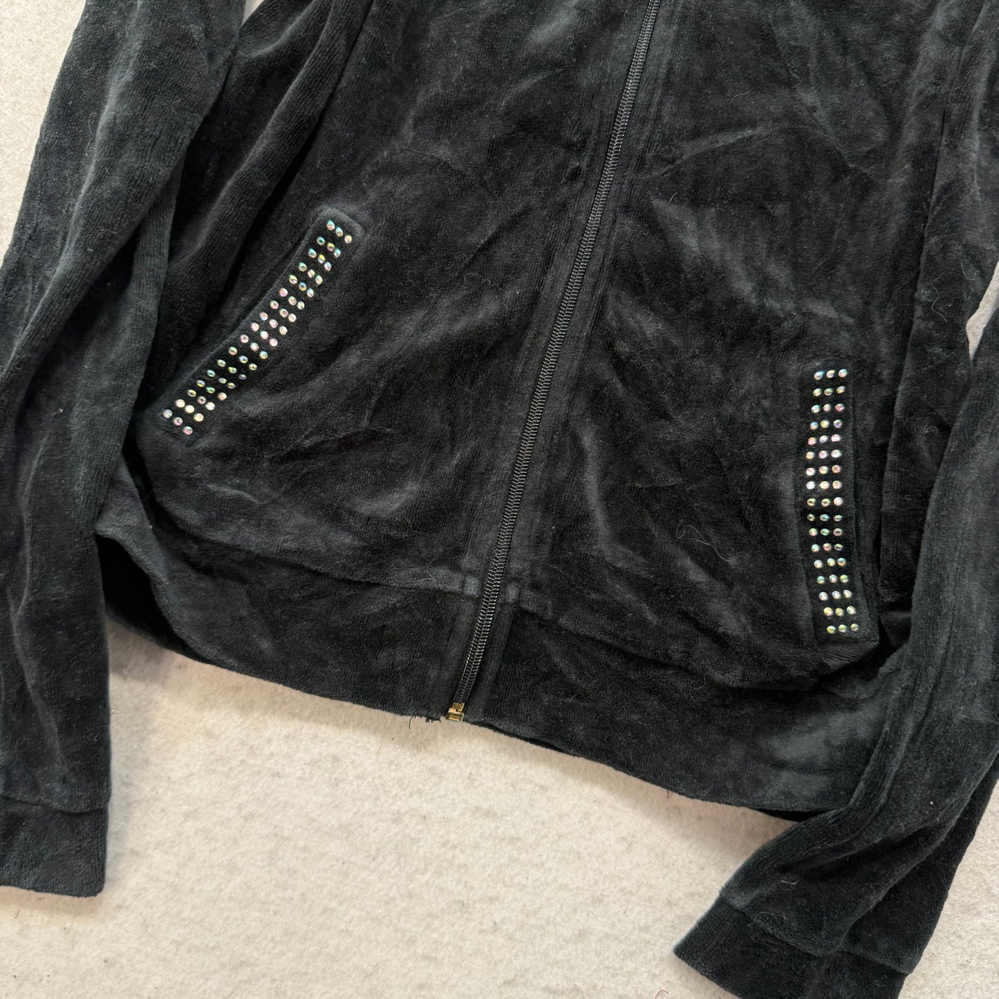 Juicy Couture Women's Black Velour Full Zip Hoodie Rhinestone Back Design Size M