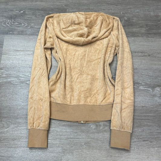 Vintage Juicy Couture Women Beige Velour Zip-Up Hoodie Drawstring Pockets Size S