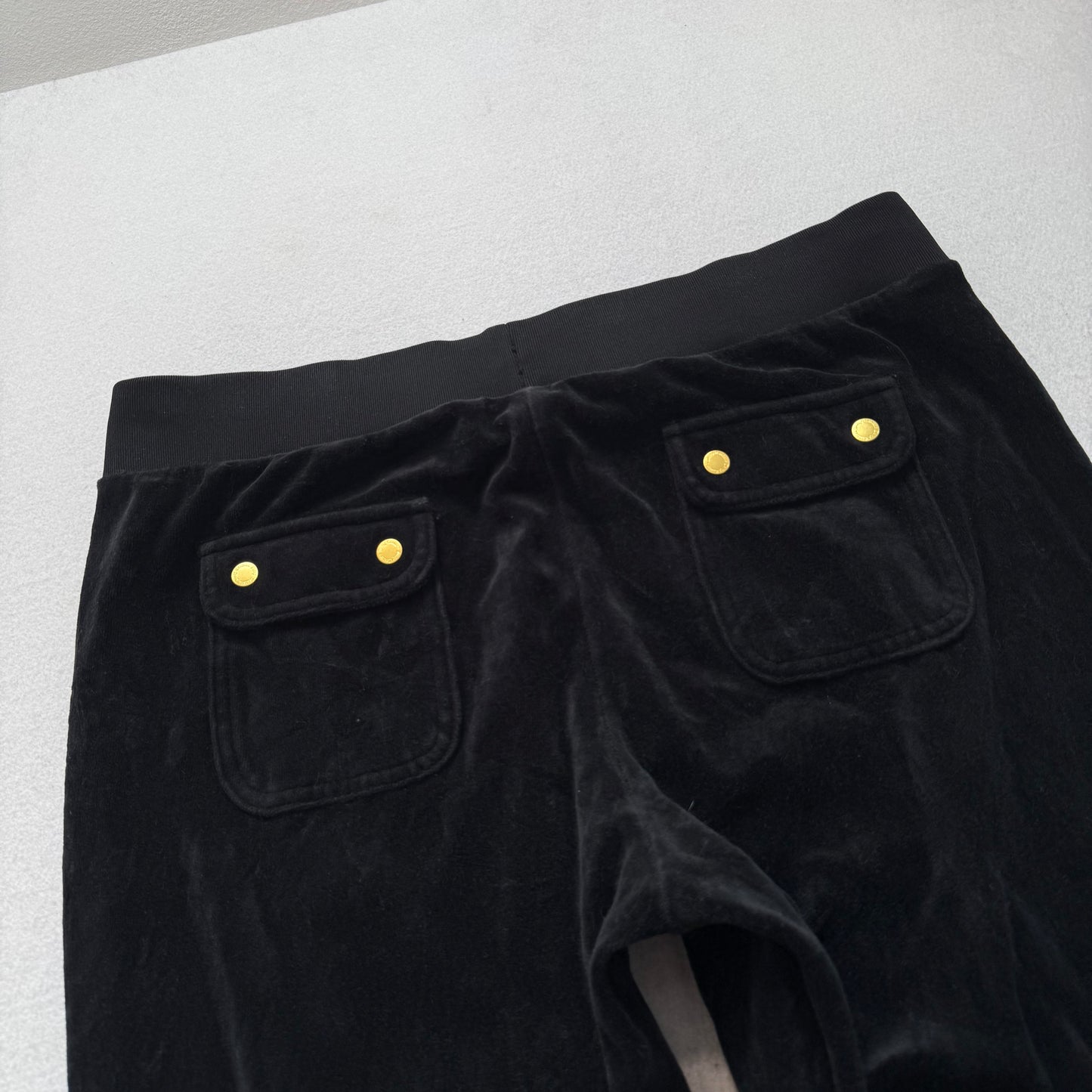 Juicy Couture Women's Black Velour Flared Track Pants Back Snap Pockets Size L