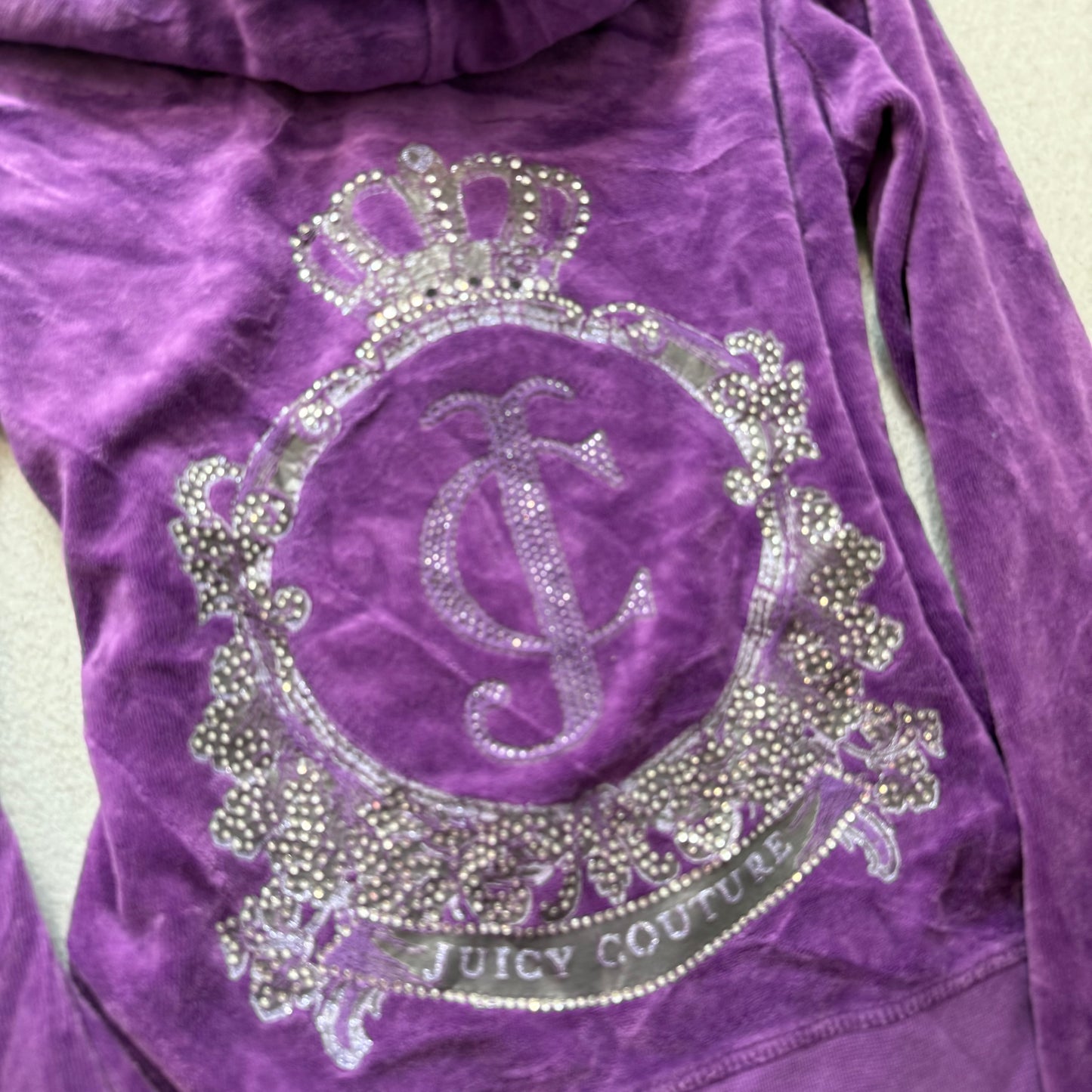 Juicy Couture Womens Royal Purple Velour Zip-Up Hoodie Rhinestone Graphic Size S