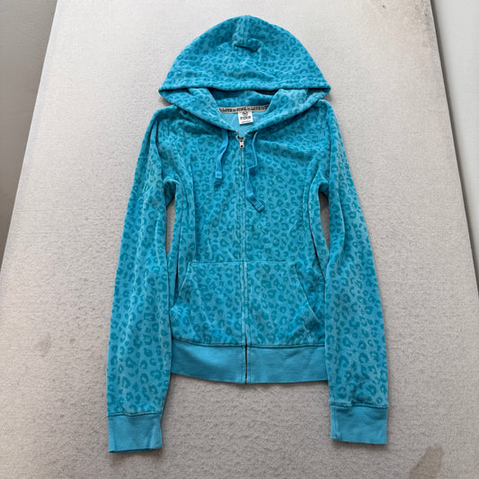 Victoria's Secret PINK Womens Bright Cyan Leopard Print Velour Zip-Up Hoodie - L