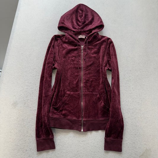 Juicy Couture Scottie Dogs Women's Burgundy Velour Zip-Up Hoodie Pockets Size M