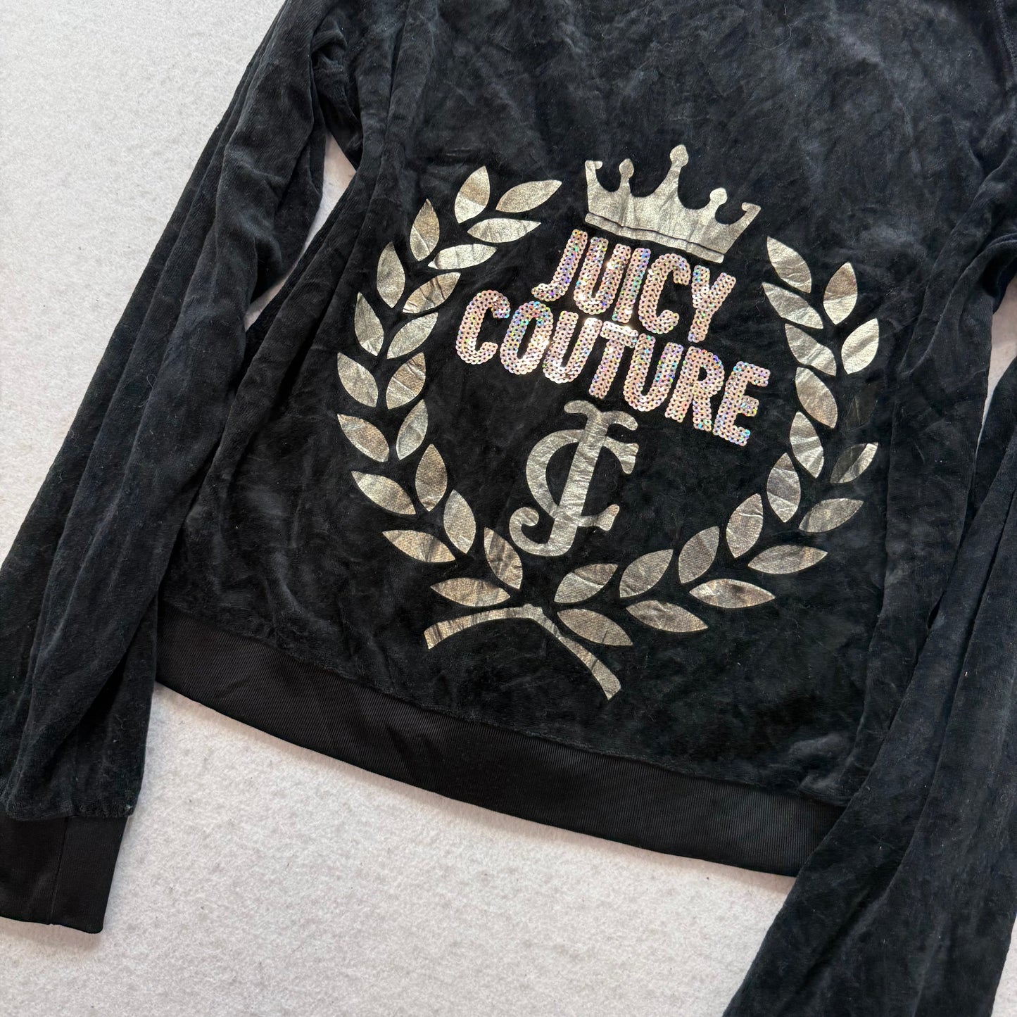 Juicy Couture Women's Black Velour Zip-Up Hoodie Gold Sequins Logo Y2K Size XL