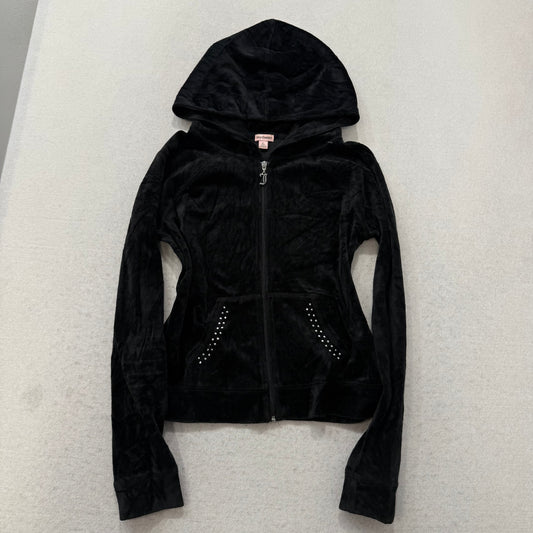 Juicy Couture Women's Black Velour Full Zip Hoodie Bedazzled Graphic Logo Size L