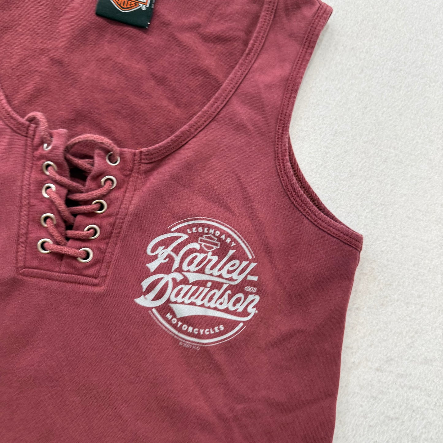 Harley Davidson Women's Burgundy Cotton Toad Lace Up Tank Top Sleeveless Size S