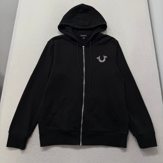 True Religion Men's Black Cotton Zip Up Hoodie Horseshoe Logo Streetwear Size M