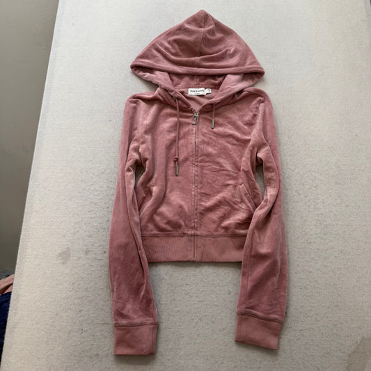 Juicy Couture Women's Dusty Rose Velour Zip-Up Hoodie Rhinestone Logo Y2K Size S