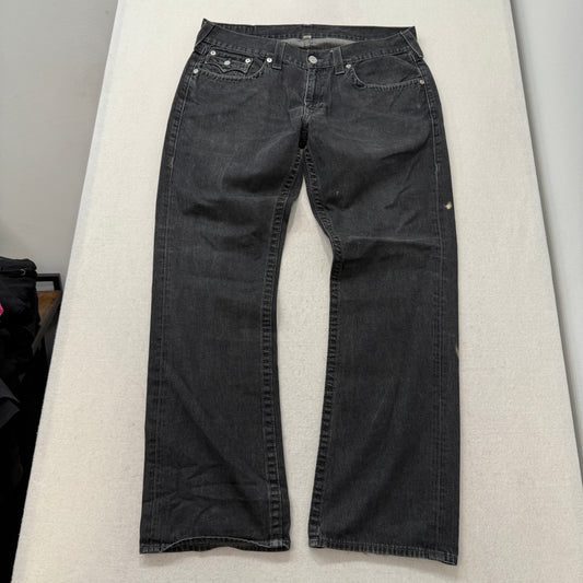 True Religion Gray Denim Straight Jeans Signature Horseshoe Snap Pocket Waist 38