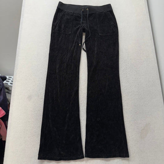 Juicy Couture Women's Black Velour Flare Track Pants Back Snap Pockets Size M
