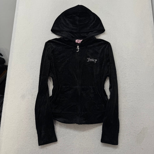 Juicy Couture Jet Black Velour Tracksuit Set Zip Up Hoodie & Flared Pant Size L