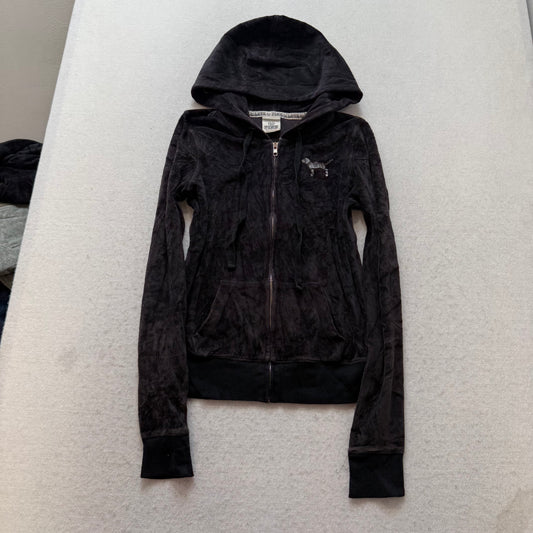 Victoria's Secret PINK Women Charcoal Velour Zip-Up Hoodie Silver Sequin Size XS