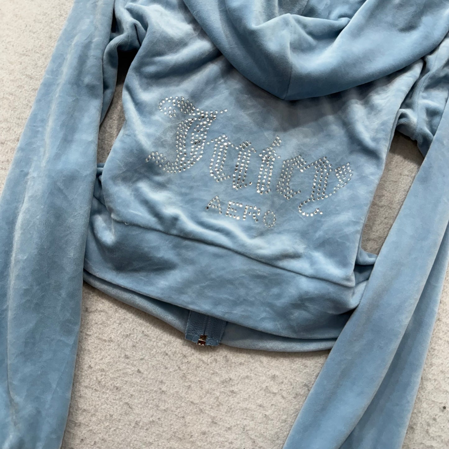 Juicy Couture Women's Slate Blue Velour Zip-Up Cropped Hoodie Rhinestone Size XS