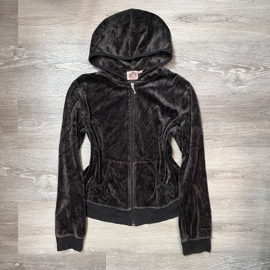 Juicy Couture Womens Charcoal Velour Zip-Up Hoodie Butterfly Graphic Logo Size M